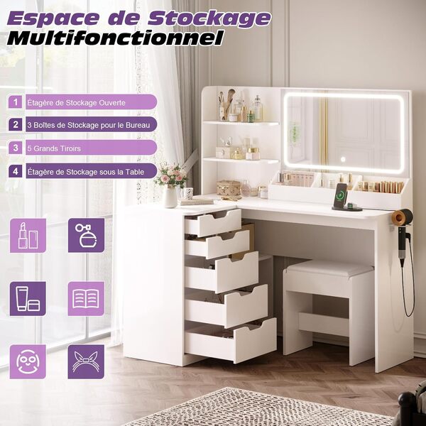 Coiffeuse avec Grand Miroir LED et Tabouret,Table de Maquillage en L avec Multiprise y Support de Sèche-Cheveux,5 Tiroirs,Cloison de Rangement,Étagères,Coiffeuse Moderne (Blanc) [Classe énergétique E]