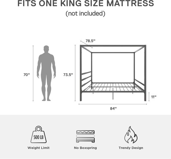 DHP Lit à Baldaquin Moderne en Métal Gris Super King Size