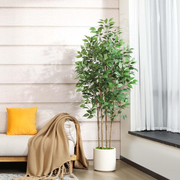 SOGUYI Ficus Arbre Artificiel 180 cm Plante Artificielle Interieur, Faux Arbre en Pot de Fleurs Blanche avec Fausse Mousse pour Décoration Intérieure de Coin de Bureau à Domicile(1 Pièce)