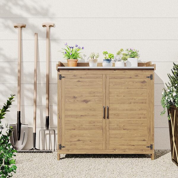 Bealife Table à Plantes avec Rangement, Table de Rempotage Extérieure, Armoire de Rangement de Jardin avec Plan de Travail avec étagère Mobile pour Jardin, Balcon, Terrasse, 98 x 48 x 95 cm, Naturel