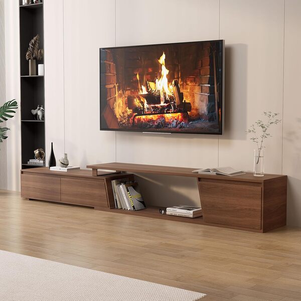 Homary Meuble TV Extensible Bois Noyer 180-280cm Longueur avec 3 Tiroirs Spacieux, MDF Écologique, Rangement Ouvert, Design Moderne pour Salon, Installation à Gauche/Droite