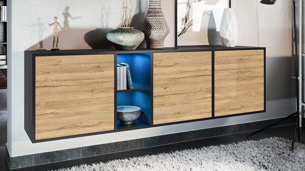 Vladon Commode Cuba - Noir Mat/chêne Nature - Buffet Moderne pour Votre Salon - (LxHxP) 182x53x35 cm [Classe énergétique A]