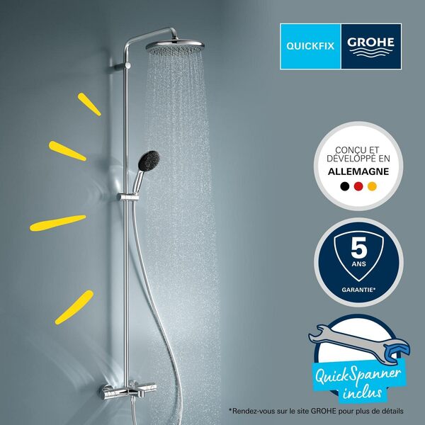 GROHE Vitalio Start System 250, Colonne de Douche avec Mitigeur Thermostatique Bain/Douche, Douchette Vitalio Start 110 2 jets, Flexible 1,75m, Chromé, 26988001