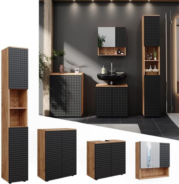 Vicco Ensemble de Meubles de Salle de Bain Irma, Chêne de Force doré/Anthracite, 4 pièces, avec Armoire Haute et Commode
