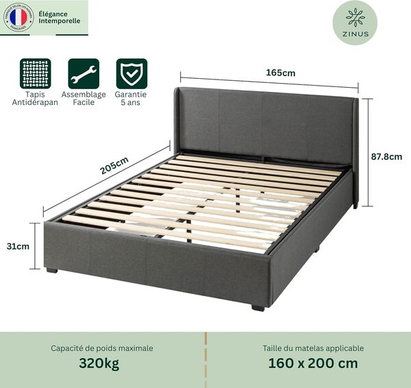 Zinus Maddon Lit Coffre 160x200 cm - Hauteur 31 cm - Système de Levage Hydraulique - Tête & Cadre de Lit Double en Bois tapissier - Gris foncé