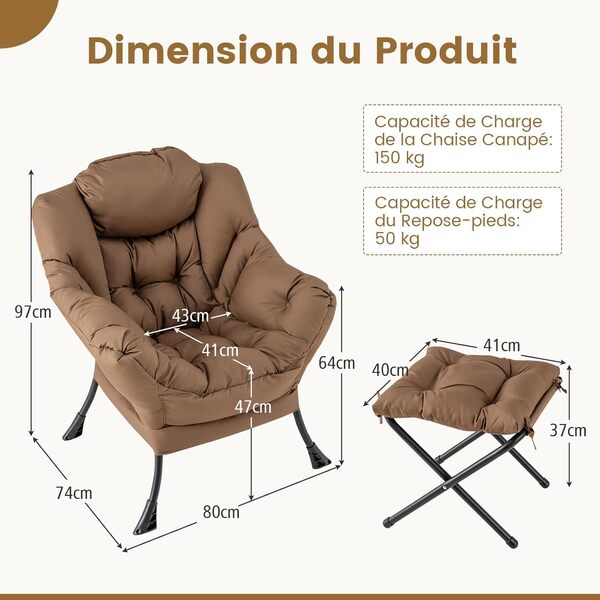 COSTWAY Fauteuil Salon Scandinave avec Repose-Pieds, Fauteuil Relax avec Oreiller et Poche Latérale, Confortable pour Lecture, Cadre en Métal pour Charger de 150 kg (Café)