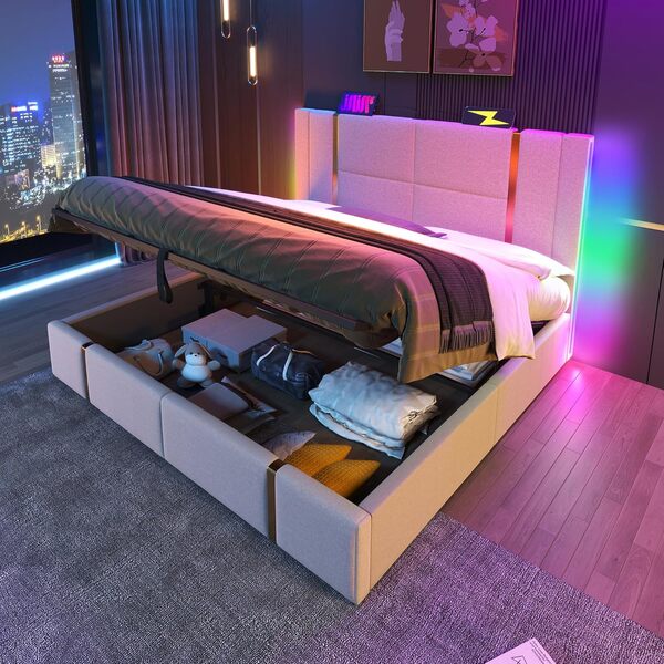 Lit capitonné, 140 x 200 cm, avec LED, USB et contrôle par application, lit double 140 x 200 cm, avec espace de rangement et tête de lit, cadre de lit en lin avec sommier à lattes en bois, lit pour