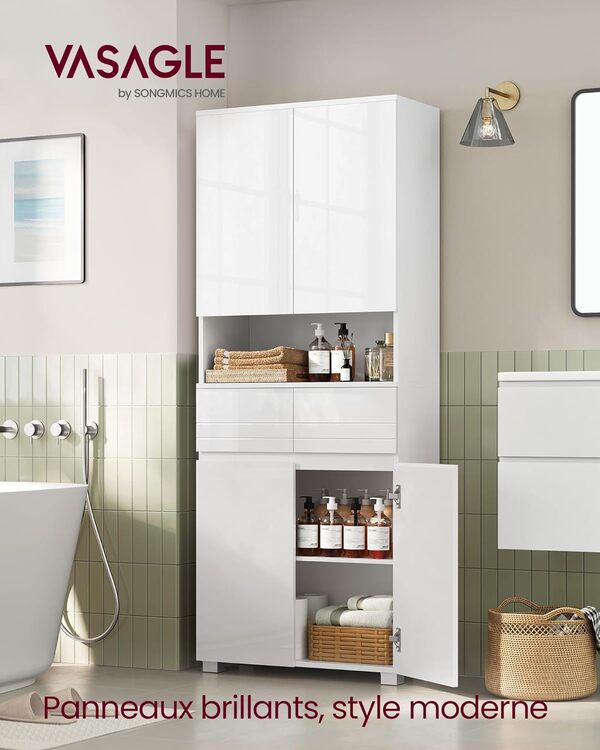 VASAGLE Armoire de Salle de Bain, Meuble de Rangement, Colonne, avec 2 Tiroirs, Étagères Réglables, Compartiments, 30 x 60 x 170 cm, Blanc Nuage BBC563W01