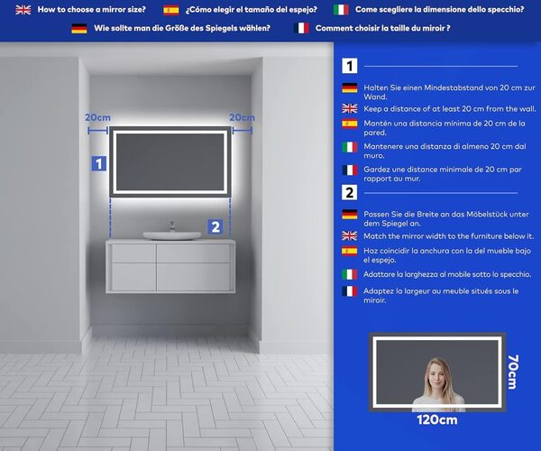 FORAM Moderne Miroir avec LED Illumination Salle de Bain avec Accessoires - sur Mesure - LED Lumineux Miroir avec Éclairage intégré L15 [Classe énergétique A++]