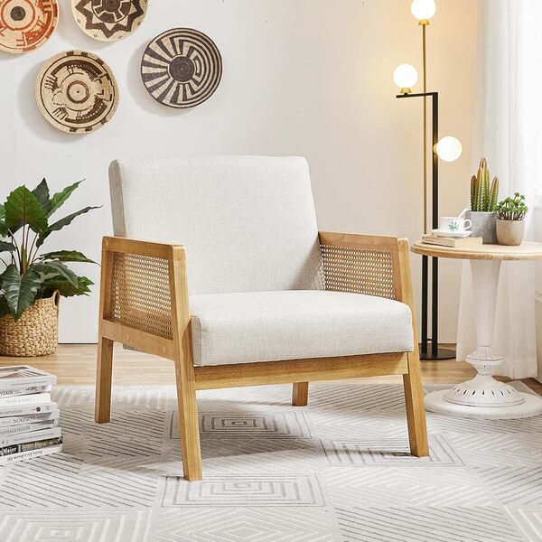 Yaheetech Fauteuil de Salon en Bois Design Rotin Massif et en Tissu Chaise en Rotin avec Coussins Rembourrés Fauteuil d'appoint Chaise Cannage pour Salon Chambre Terrasse Véranda Jardin Beige