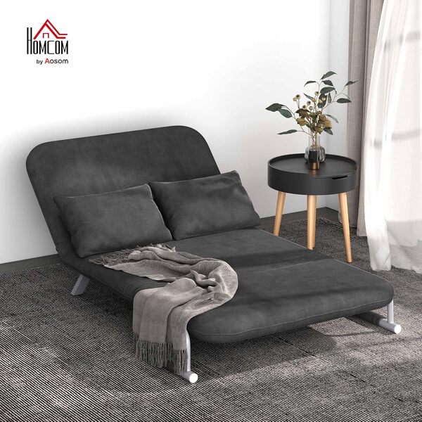 HOMCOM Canapé-lit 2 Places, Fauteuil Convertible avec Dossier réglable en 5 Positions, Chaise Longue avec 2 Coussins Inclus, canapé en revêtement Aspect suède déhoussable, 111x80x78cm, Gris foncé
