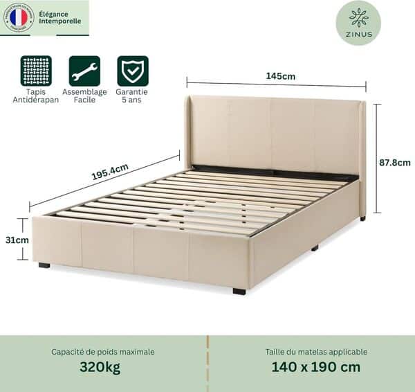 Zinus Maddon Lit Coffre 140x190 cm - Hauteur 31 cm - Système de Levage Hydraulique - Tête & Cadre de Lit Double en Bois tapissier - Beige