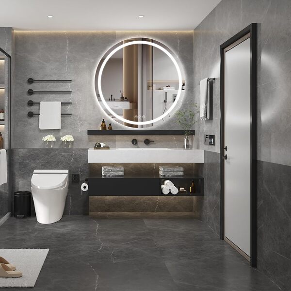 Bluetooth Miroir Salle de Bain avec Éclairage 80cm Rond, Miroir Mural avec Éclairage Frontal, avec Fonction Antibuée, Dimmable, avec 3 Couleurs Lumière avec Haut-Parleur Bluetooth