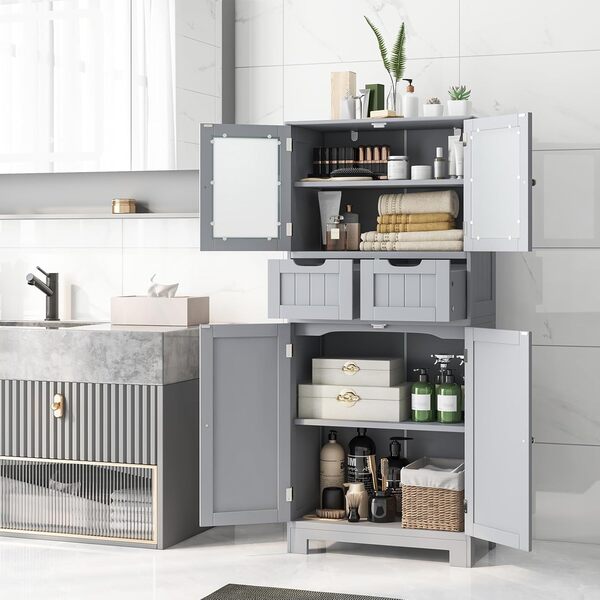 COSTWAY Meuble de Salle de Bain à 4 Portes 2 Tiroirs, Colonne Salle de Bain Armoire Haute avec Étagères Réglables pour Salon, Cuisine, 30 x 60 x 128 cm, Gris