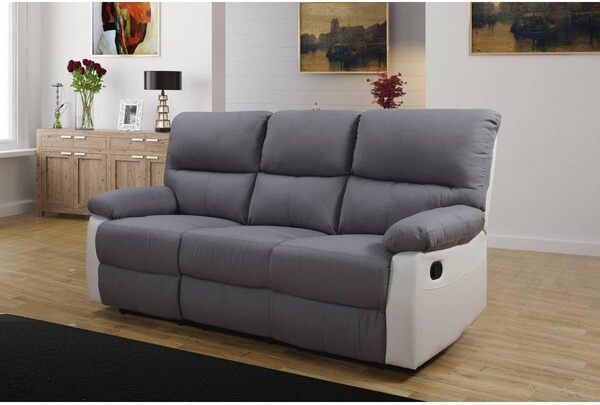 Habitat et Jardin - Canapé Relax en Simili et Tissu Lincoln 3 Places Blanc et Gris Clair - Fauteuil Relax Design Moderne - Canapé Inclinable Résistant et Confortable