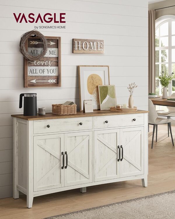 VASAGLE Buffet, Meuble de Rangement avec Tiroir, Meuble de Cuisine, avec Portes, Étagère Réglable, Style Campagne, pour Salon, 40 x 140 x 80 cm, Blanc Rustique et Marron Miel BBK381W02