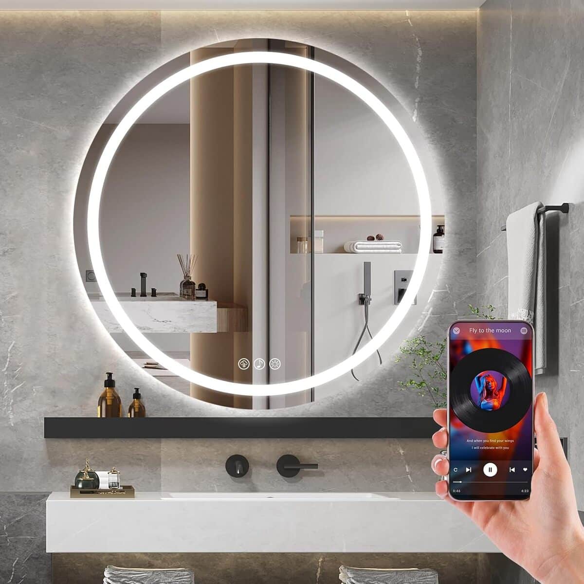 Test du miroir rond Ratsamee avec haut-parleur Bluetooth et éclairage antibuée