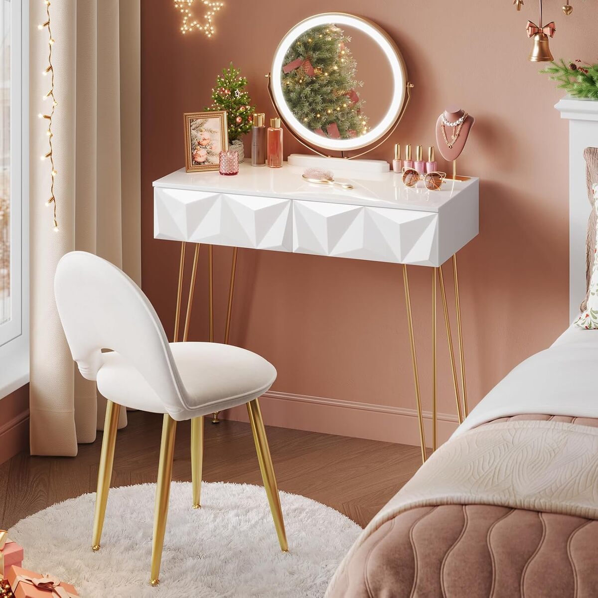 Test : eugad coiffeuse moderne avec miroir LED réglable et chaise en velours