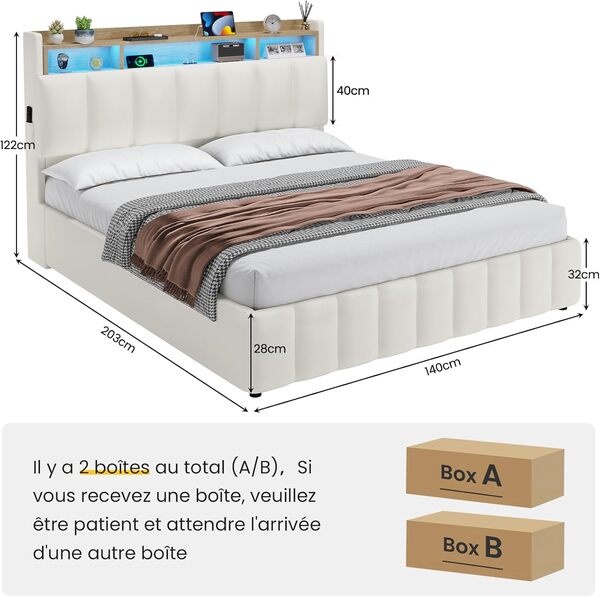 Lit Coffre 140 x 190 à LED, lit Hydraulique avec Étagères Ouvertes et Rangement Caché en Tête de Lit Capitonné, Lit 2 Personnes avec Lattes en Bois, Lits 140 x 190 avec Sommier en PU Blanc