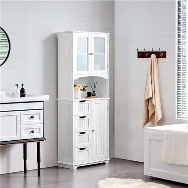 Yaheetech Armoire Salle de Bain Rangement Haute, Colonne Rangement, avec 4 Tiroirs, Placard avec 2 Porte en Verre Trempé, Étagère Réglable, Buffet Cuisine en Bois Blanc, 60 × 30 × 165,5 cm