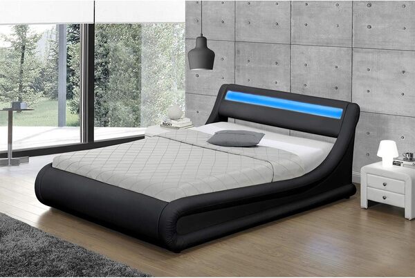 CONCEPT USINE - Lit Portland Double en Simili Noir avec LED & Coffre Rangements Intégrées 140 x 190 cm - Cadre de Lit Design 2 Places avec Sommier 2 Personnes - Tête de Lit avec LED Multi-Couleurs