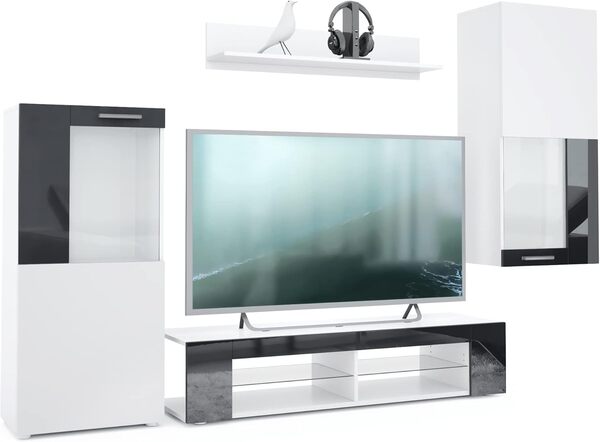 Vladon Ensemble de Salon Movie Comprenant 1 Meuble Bas TV, 2 vitrines et 1 étagère, Blanc Mat/Noir Haute Brillance, (Dimensions totales : 300 x 190 x 39 cm)