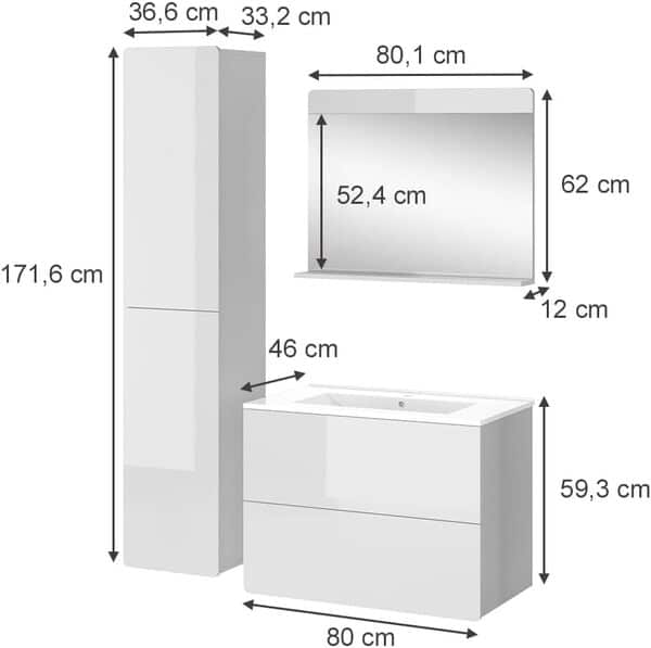 Vicco Ensemble de Meubles de Salle de Bain Izan, Blanc Haute Brillance, 4 pièces avec Armoire Haute