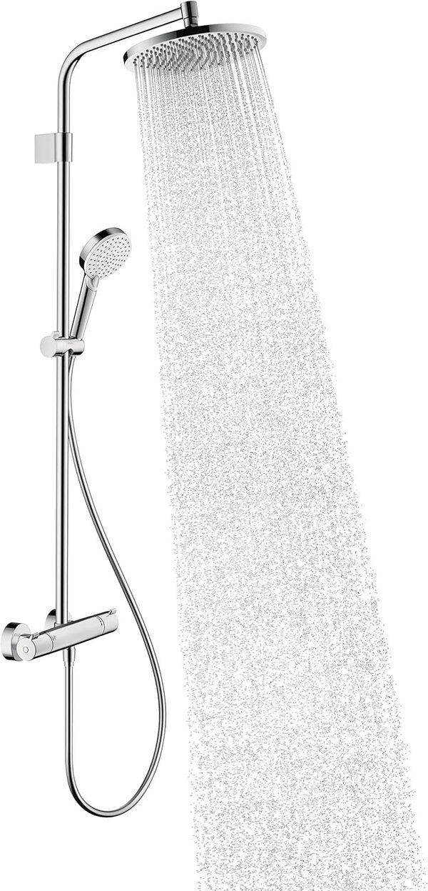 hansgrohe Crometta S - Colonne de douche avec mitigeur thermostatique, douche pluie 240 mm avec robinet, douchette, support, flexible de douche, barre et douche de tête ronde 1 jet, Chromé, 26781000