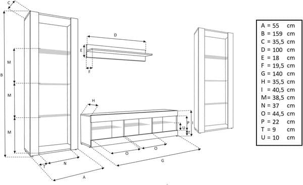 Ensembles de Meubles Tivoli Grande, Wotan Noir, Largeur 250cm x Hauteur 159cm x Profondeur 35cm, Éclairage Multicolore, pour Salon, Chambre