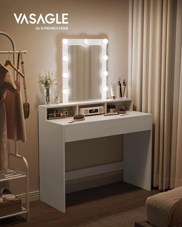 VASAGLE KAILYN Collection - Coiffeuse, Miroir LED à Luminosité Réglable, Table de Maquillage, 2 Tiroirs et 3 Compartiments, 40 x 100 x 145 cm, Coin Beauté, Style Moderne, Blanc RDT164W01