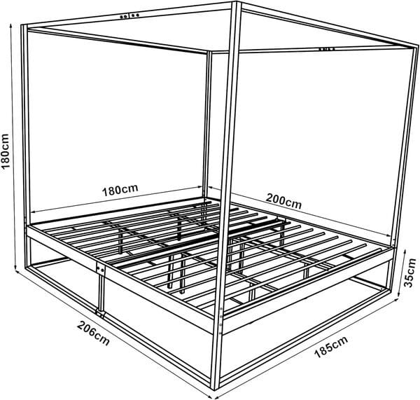 [en.casa] Cadre de Lit à Baldaquin avec Sommier à Lattes Lit Double Adulte Cadre à Lattes sur Pied Design Élégant Stable Capacité de Charge 200 kg Chambre à Coucher Métal 180 x 200 cm Noir