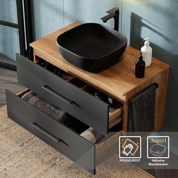 Planetmöbel LUX - Ensemble de meubles de salle de bain avec meuble sous-lavabo suspendu de 90 cm et lavabo à poser de 60 cm, couleur noir, meuble sous-lavabo: chêne doré/anthracite