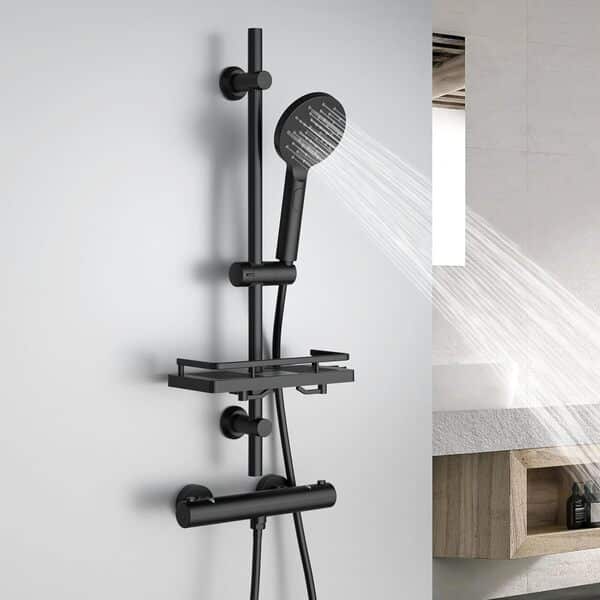 Görbach Colonne de Douche avec Thermostatique Robinetterie et Étagère de Douche, Mitigeur de Douche + Ensemble de Barre de Douche en Acier inoxydable de 70 cm avec Douchette et Tuyau, DSD12 Noir mat