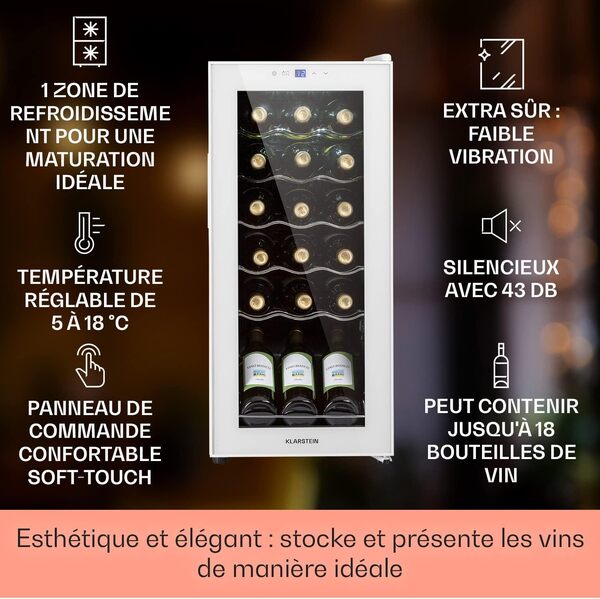 Klarstein Shiraz Cave a Vin, Réfrigérateur à Vin à une Zone, Cave à Vin de Vieillissement, Prosecco et Bière, Ecran Tactile, Réfrigérateur de Bar, Frigo, Étagères Inclinées, 5-18°C, 18 Bouteilles [Classe énergétique G]