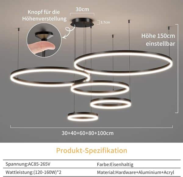 Mikeru Suspension Dimmable 5 Anneaux, 30+40+60+80+100cm Noir Suspension LED Moderne Pour Cuisine 10% à 100% 3000k/4500k/6500k Plafonniers Réglables Modernes Pour Le Salon [Classe énergétique E]