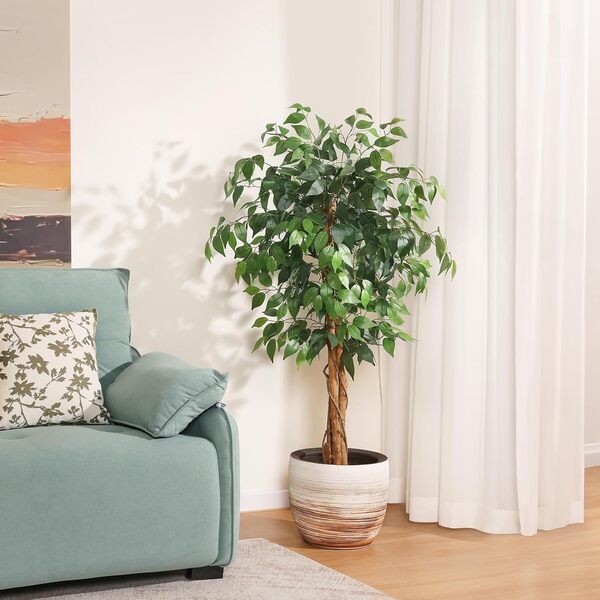 OAKRED Ficus Artificiel de 1,2 m avec Tronc en Bois Naturel et Feuilles réalistes, Arbre Imitation ficus en Soie pour décoration d'intérieur, Grande Plante Artificielle Verte avec Pot pour Bureau,