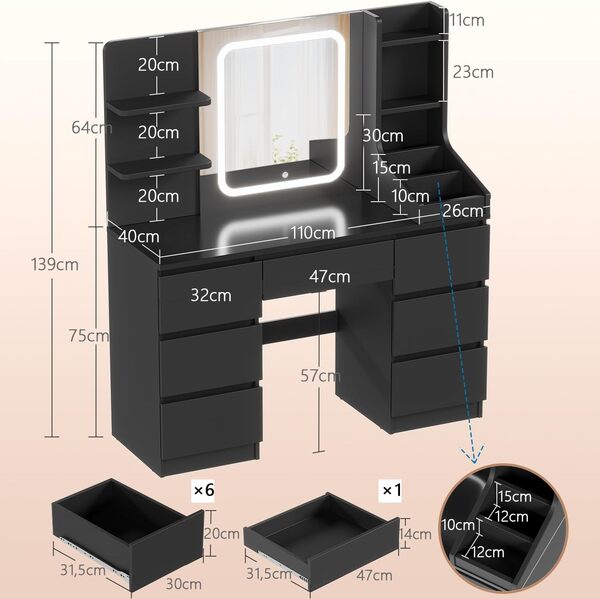 Devoko Coiffeuse LED avec 7 Grands Tiroirs, 3 Couleurs avec Luminosité Réglable, Table de Maquillage, Coiffeuse avec Miroir pour la Chambre à Coucher (Noir)
