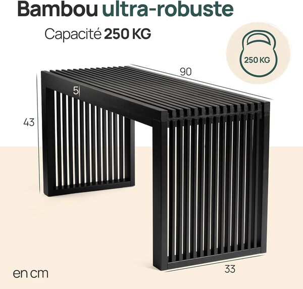 Bambou Banc - Banc Entree - 90 x 33 x 43 cm - Meuble Salle De Bain Rangement - Meuble D'entrée - Meuble Entree - Meubles De Salon - Meuble Salon (Noir)