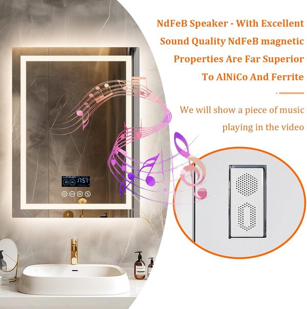 LUVODI Miroir Salle de Bain LED Bluetooth 5.2 Éclairage Intégré Horloge 60x80cm Rétroéclairé 4 Boutons Lumineux Gradable Connecté Antibuée Mémoire IP65