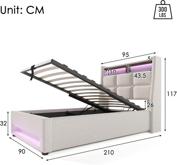 Lit 90x200 avec Sommier LED et USB, Coffre avec Rangement et Tête de Lit, Cadre Rembourré 90x200