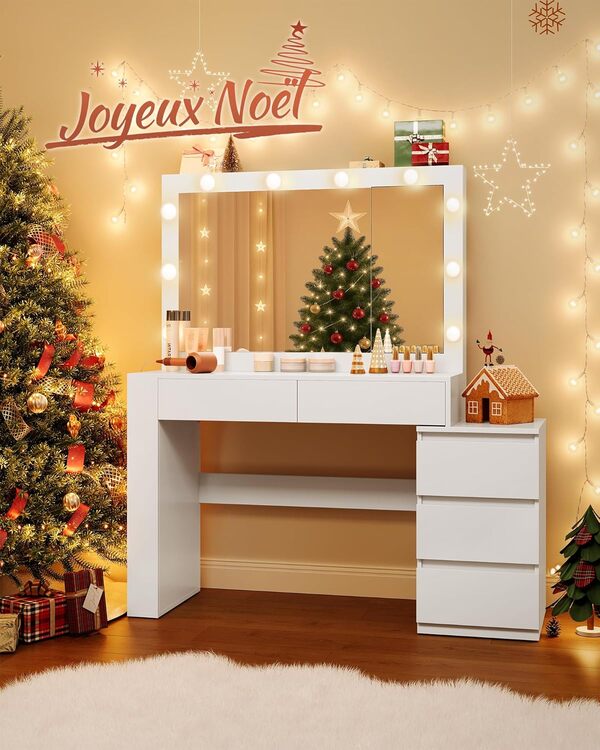 VASAGLE Kailyn Collection - Coiffeuse, Table de Maquillage avec Tiroir, avec Éclairage LED et Miroir, Armoire à Bijoux, Multiprise, 40 x 125 x 140 cm, Moderne, Blanc Nuage RDT127W01