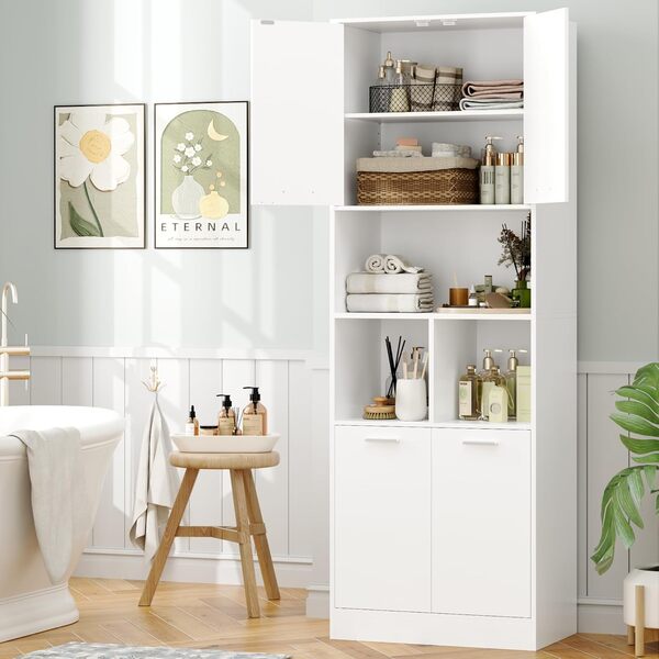 FirFurd Armoire Haute Salle de Bain Meuble Colonne de Salle de Bain Armoire de Rangement à 4 Portes avec étagère réglable pour Salon Cuisine 60x40x180.5cm Blanc