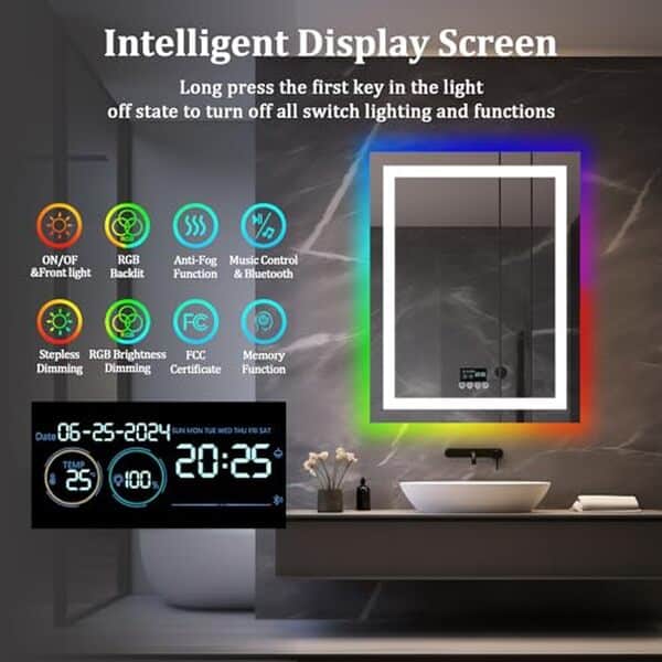 Découvrez notre avis expert sur le miroir LED LUVODI RGB 90x70cm : un design moderne avec horloge intégrée et Bluetooth pour allier fonctionnalité et style dans votre salle de bain.