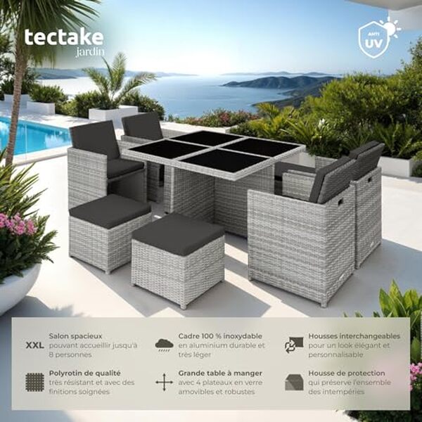 Découvrez notre test complet du salon de jardin TecTake® 8 places en poly rotin gris clair : confort, design et durabilité au rendez-vous pour aménager votre espace extérieur avec élégance.