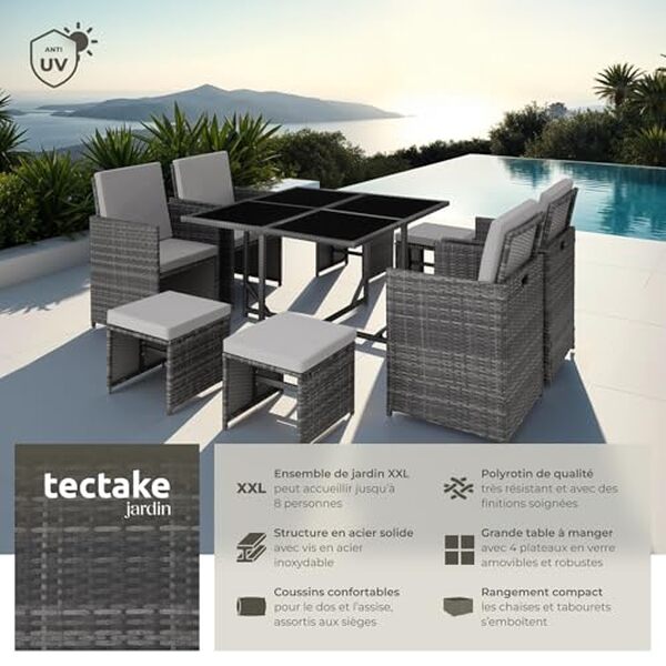 Découvrez notre analyse détaillée du salon de jardin TecTake en poly rotin gris : design élégant, confort optimal et durabilité assurée pour embellir votre extérieur.