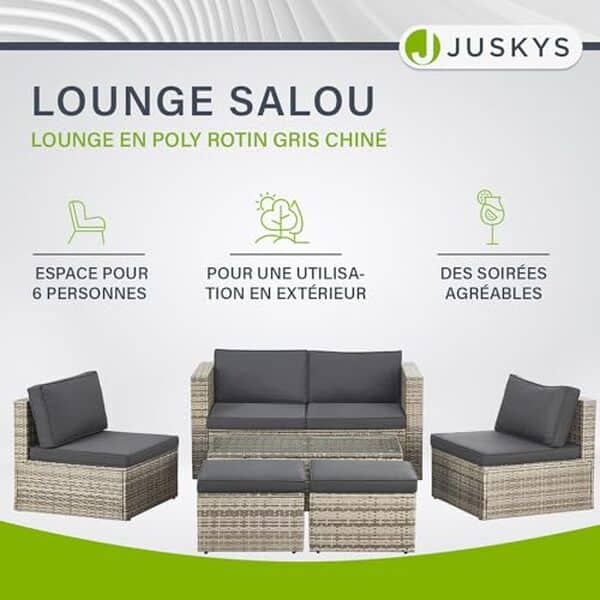 Découvrez le salon de jardin Juskys Salou : une alliance parfaite d'élégance et de durabilité pour accueillir confortablement 6 personnes.