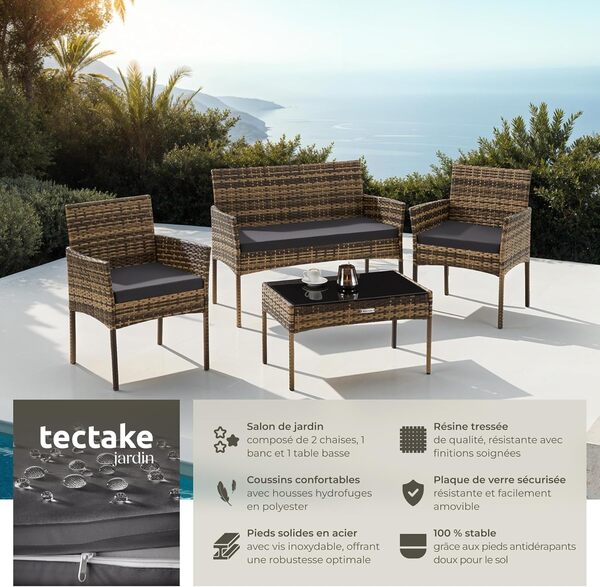 Explorez le salon de jardin TecTake en résine tressée : convivialité et confort pour vos moments en plein air, parfait pour sublimer votre espace extérieur.