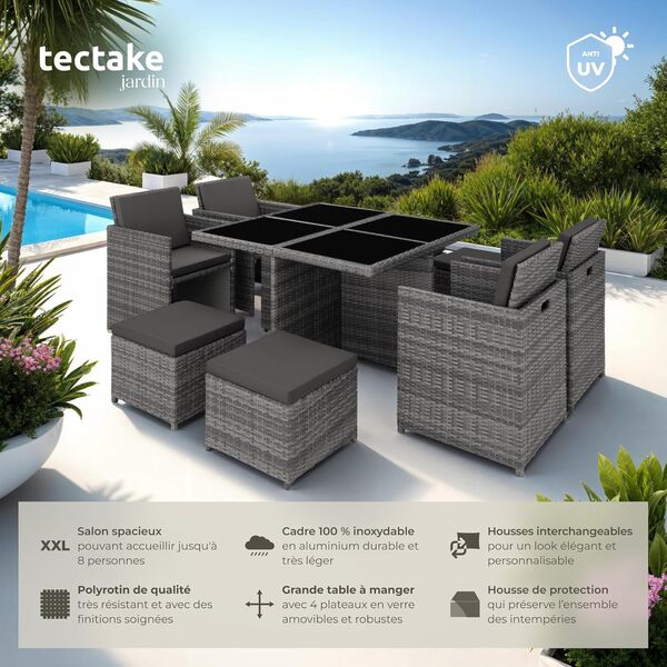 Découvrez notre avis complet sur le salon de jardin TecTake® 8 places, un modèle en poly rotin gris élégant et pratique pour vos espaces extérieurs.
