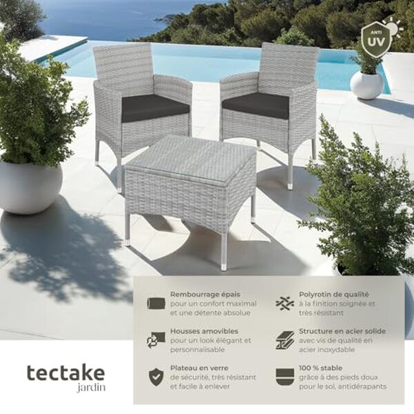 Découvrez le confort et l'élégance du salon de jardin TecTake en rotin 2 places : un choix parfait pour votre espace extérieur, alliant design moderne et praticité optimale.