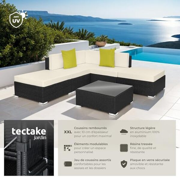 Découvrez notre test complet du salon de jardin TecTake® XXL en poly rotin modulable : design, confort et fonctionnalités à l'honneur pour sublimer votre espace extérieur